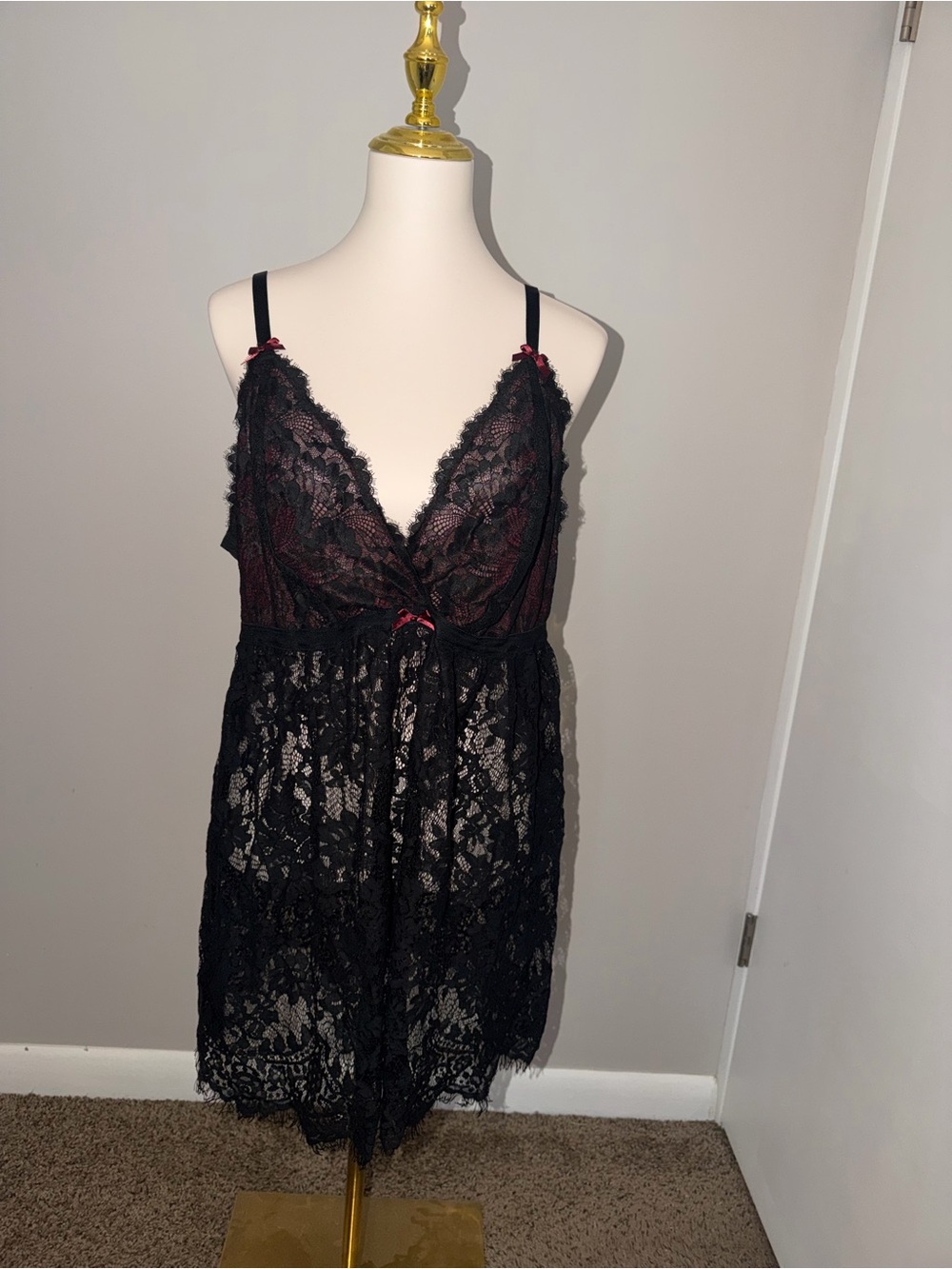 Cacique NWT 18/20 Black Lace Babydoll Chemise Lingerie 2 piece